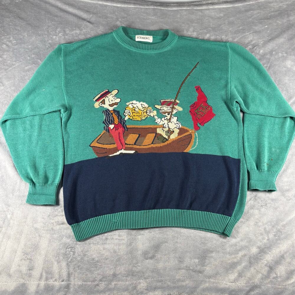 Vintage 90s Iceberg Made in Italy Beer Fishing Graphic Knit Cotton Sweater Sz XL